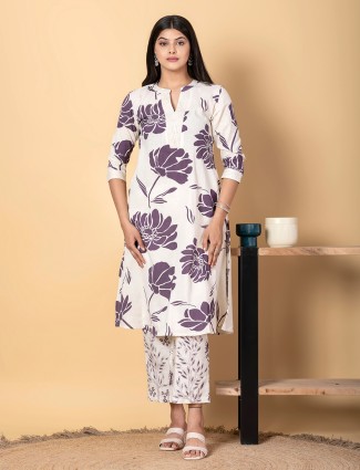 Elegant off white and purple cotton silk kurti palazzo set