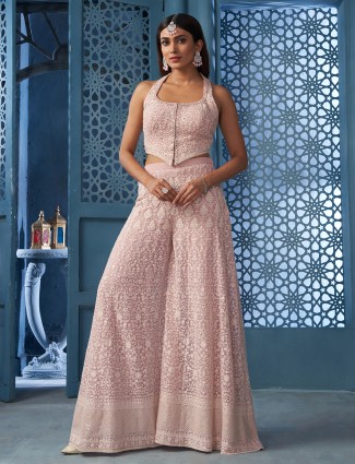 Onion pink palazzo salwar suit in soft georgette