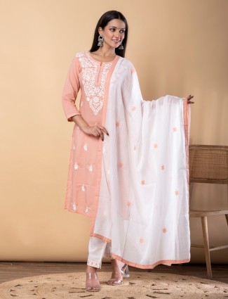 Peach cotton straight cut kurti set for traditional wear