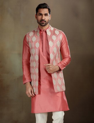 Peach silk waistcoat set with gota work