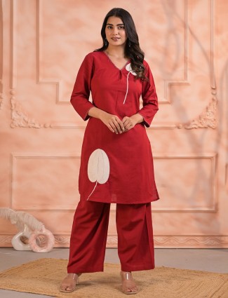 Bold red cotton silk kurti palazzo set for festive style