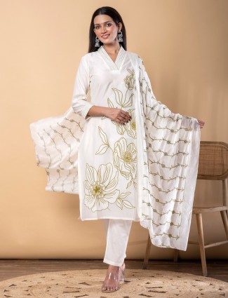 White and olive cotton straight cut kurti set