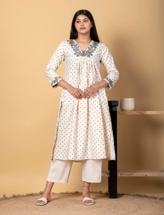 White cotton silk printed kurti palazzo set for elegant gatherings