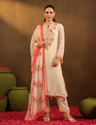 Beige straight cut kurti set in soft georgette