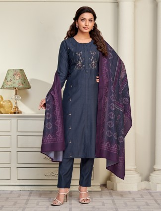 Dark grey silk yoke style salwar suit with embroidery