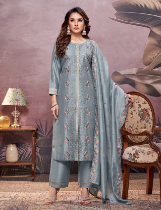 Pastel grey silk salwar suit with embroidery work and dupatta