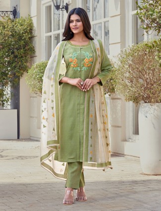 Pista green cotton silk salwar suit with thread work