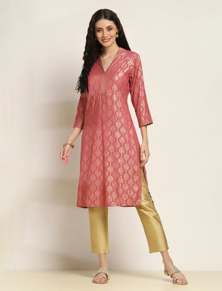 Dark peach cotton silk kurti with golden print accents