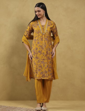 Graceful yellow soft silk printed kurti set for women