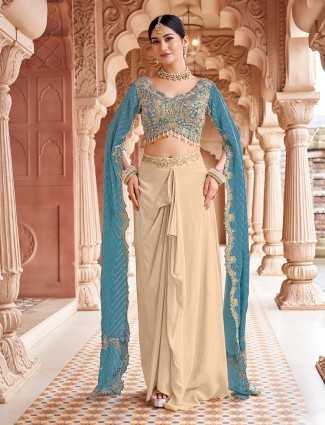 Beige and blue satin silk designer indo western