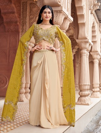 Beige and olive satin silk stylish indo western