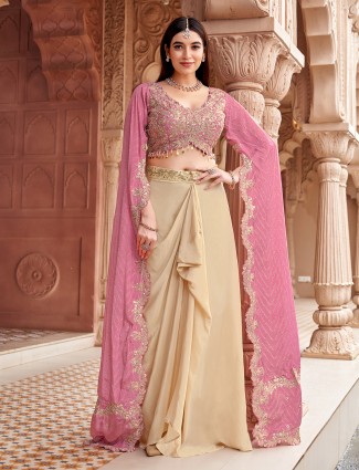 Beige and pink satin silk reception indo western suit