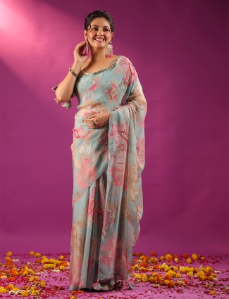 Blue mirror magic saree in crepe georgette