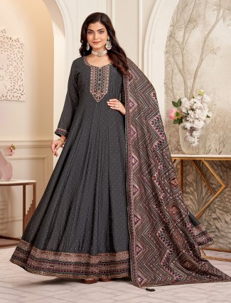 Charcoal black silk anarkali suit for festive