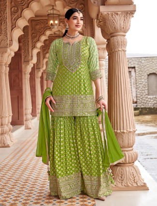 Green silk pakistani sharara outfit with dupatta