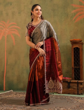 Grey tissue silk saree with unstitched blouse piece