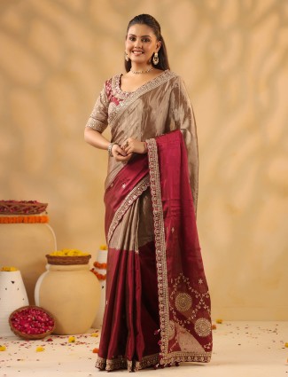 Maroon and beige saree with zari touch