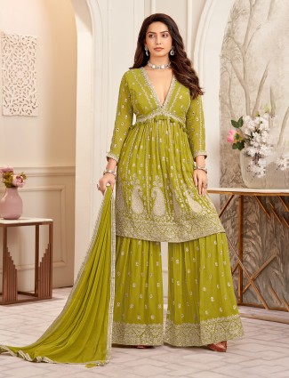 Mehendi green georgette pakistani palazzo ensemble