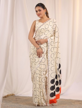 White crepe silk saree with aabla detail