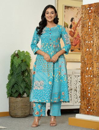 Aqua silk festive printed kurti set