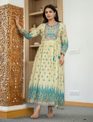 Beige and blue cotton silk printed kurti with embroidery accents