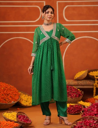 Elegant green printed georgette kurti set