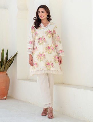 Casual wear off white cotton kurti set