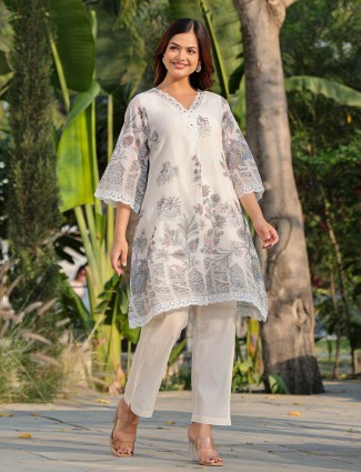 Off white cotton printed kurti set ensemble