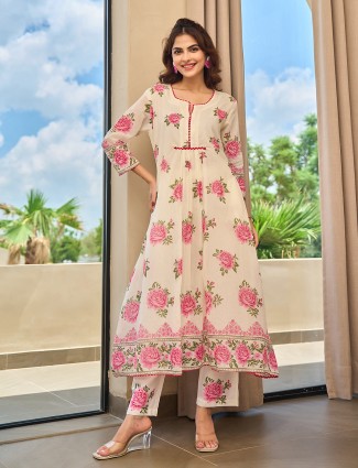 Pink and cream festive wear cotton silk kurti set