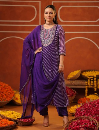 Purple festive georgette kurti set with dupatta