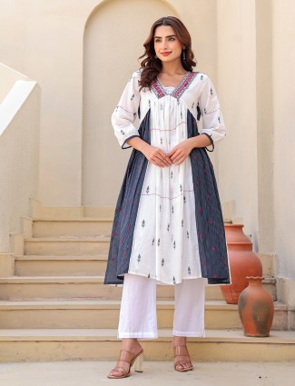 White and navy cotton kurti set with print