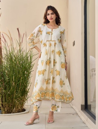 Yellow and cotton silk cream printed kurti set