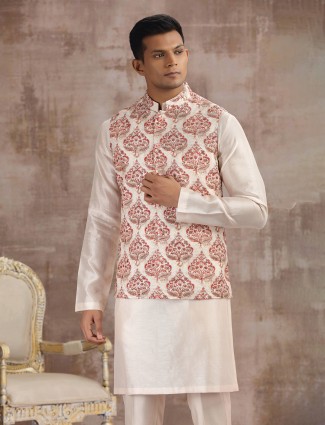Cream and red printed silk waistcoat set