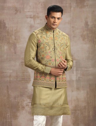 Mehendi green silk waistcoat set for men reception wear