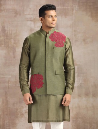 Mehendi green silk waistcoat set for men