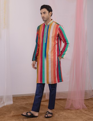 Multicolor printed silk kurta ensemble