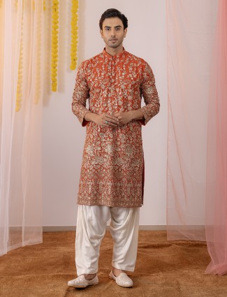 Dark purple printed cotton silk kurta pajama for men