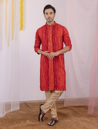 Vibrant red cotton silk kurta set