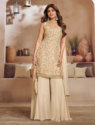Elegant beige silk palazzo kurti set outfit
