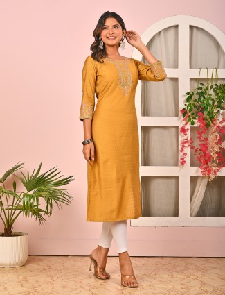 Dusty yellow silk aabla embroidered casual kurti