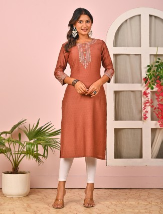 Light brown silk kurti with embroidery and aabla work
