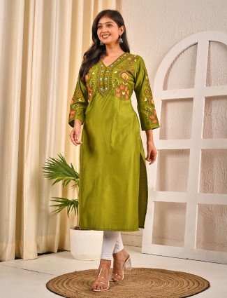 Light olive silk v neck embroidered kurti