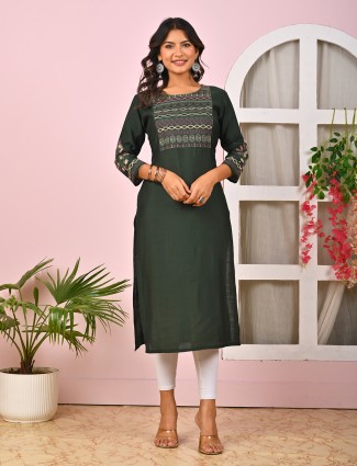 Mehendi green cotton silk embroidered yoke kurti