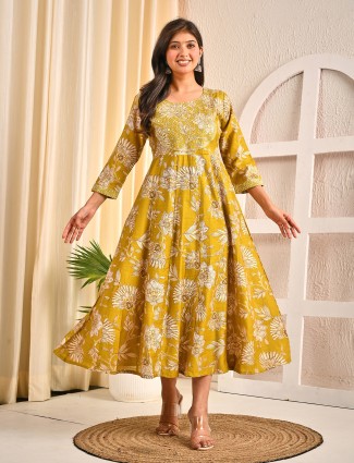 Mehendi olive floral printed cotton silk yoke kurti