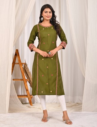 Mehendi olive silk kurti with sequins work