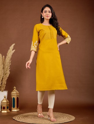 Mustard yellow yoke kurti with beads and sequins work