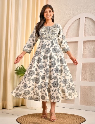 Off white cotton silk embroidered yoke kurti