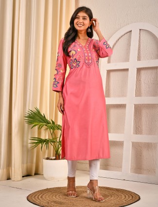 Onion pink silk v neck casual kurti