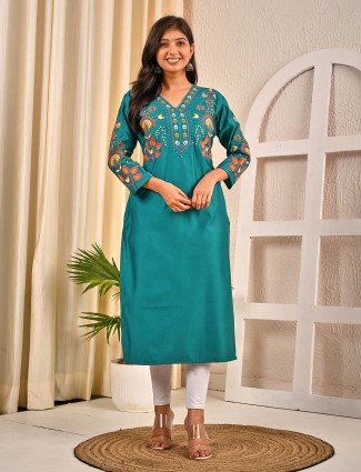 Pastel aqua silk v neck embroidered kurti