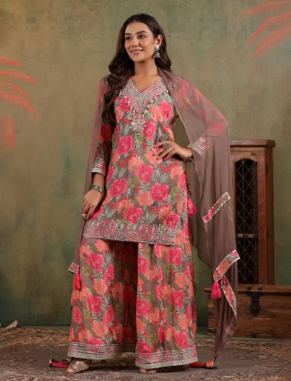 Pink floral silk palazzo kurti set ensemble